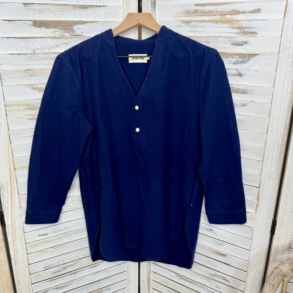 Taylor Stitch Women's Medium The Whitney Popover Flannel Henley Shirt Navy Blue
